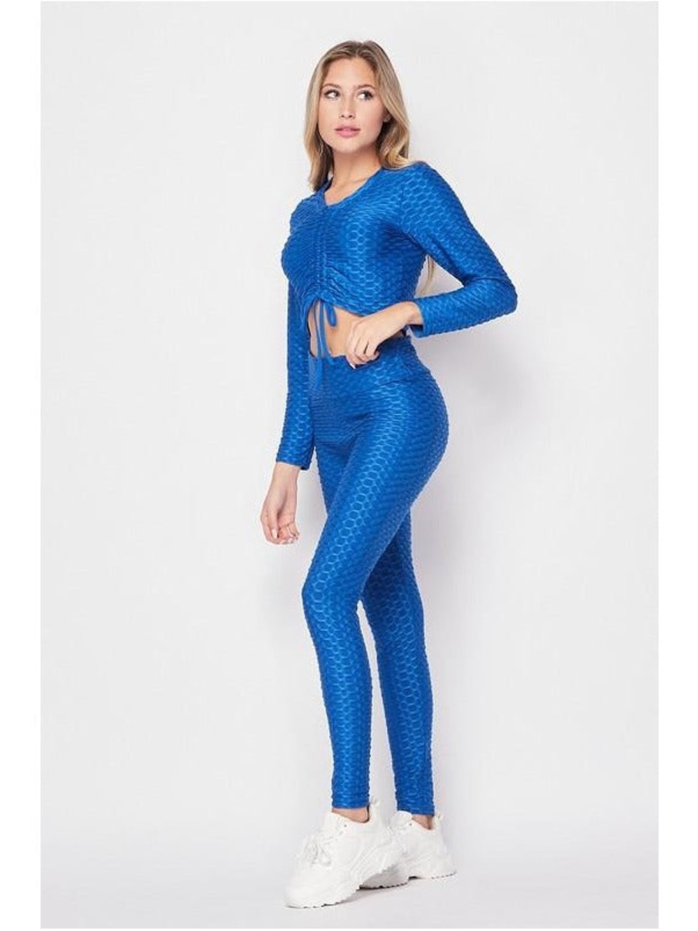 Blue Textured High-Waist Leggings & Crop Top Set - Women's Active Jumpsuit
